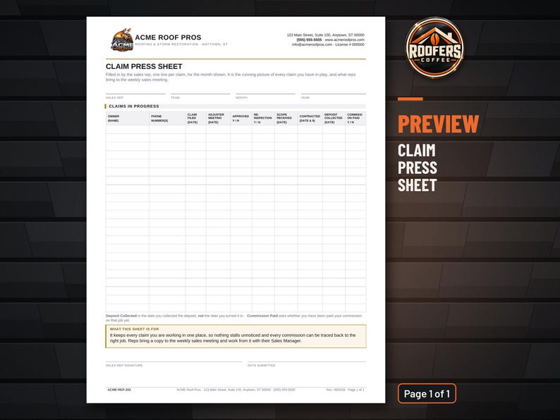 Insurance Claim Tracker Sheet for Roofing Sales Reps, Editable Word Doc, Monthly Claim Pipeline Tracking Form image 2