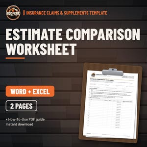 Roofing Estimate Comparison Worksheet, Excel Workbook and Word Form, Carrier vs Contractor Line Item Supplement Tool image 1