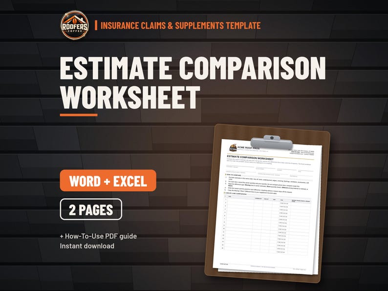 Roofing Estimate Comparison Worksheet, Excel Workbook and Word Form, Carrier vs Contractor Line Item Supplement Tool image 1