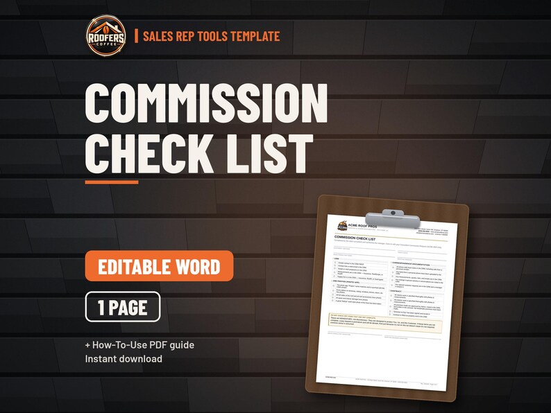 Roofing Sales Rep Tools Bundle, 9 Editable Word Templates, Lead Sheet, Pipeline, Commission Forms, 1099 Agreement and Inspection Report image 6