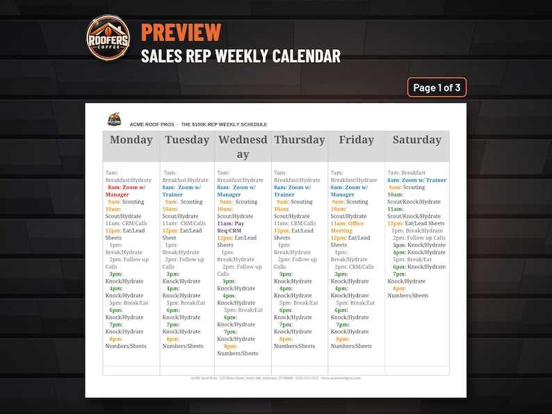 Sales Rep Weekly Schedule Template, Editable Word Doc, Roofing Sales Time Block Planner Monday to Saturday image 2