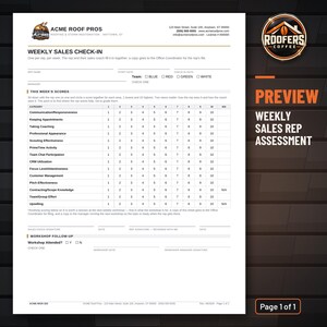 Weekly Sales Rep Assessment Scorecard, Editable Word Doc, Roofing Sales Coaching Check-In Form for Managers image 2