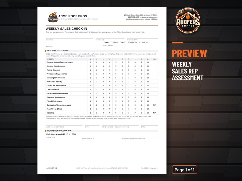 Weekly Sales Rep Assessment Scorecard, Editable Word Doc, Roofing Sales Coaching Check-In Form for Managers image 2