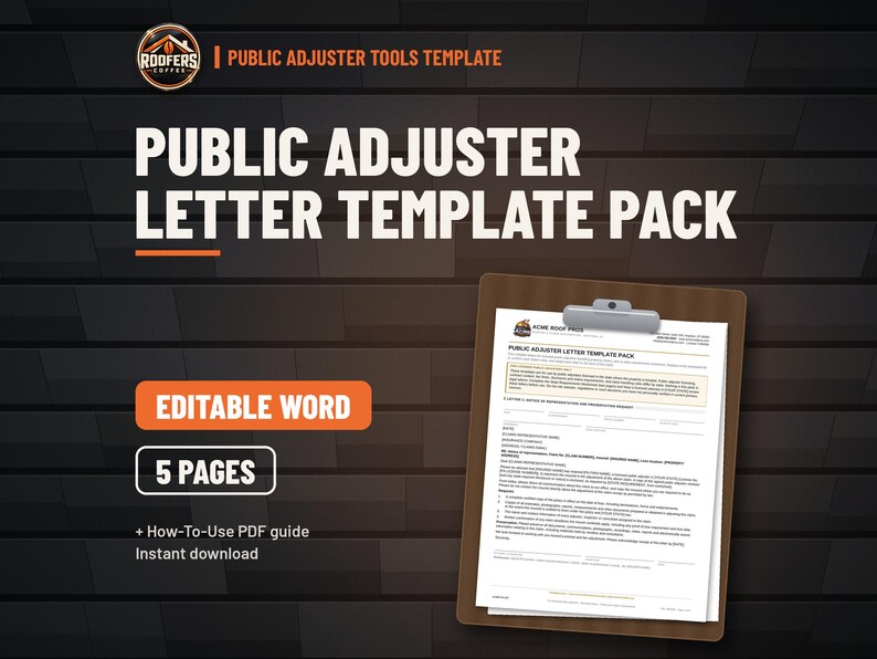 Public Adjuster Letter Template Pack, Editable Word Doc, Four Letters Including Notice of Representation for Licensed PAs image 1