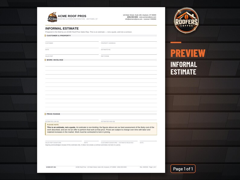 Informal Roofing Estimate Form, Editable Word Doc, Field Ballpark Estimate Template for Roofing Contractors image 2