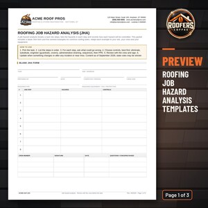 Roofing Job Hazard Analysis Templates, Editable Word Doc, JHA Form with Five Worked Roofing Examples image 2