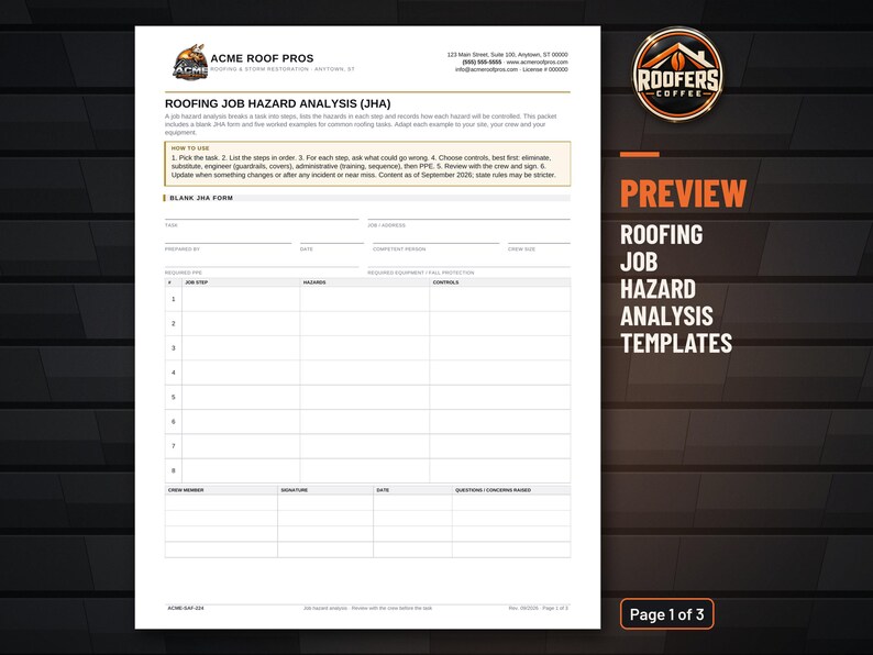 Roofing Job Hazard Analysis Templates, Editable Word Doc, JHA Form with Five Worked Roofing Examples image 2
