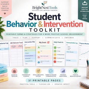 May include: A digital Student Behavior & Intervention Toolkit with 31 printable pages. Includes forms for behavior logs, ABC tracking, intervention plans, goal setting, daily check-ins, communication logs, and progress monitoring with colorful icons.