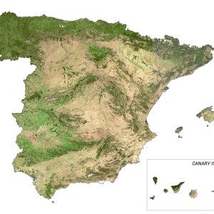 May include: A satellite map of Spain showing the Iberian Peninsula with varied terrain in shades of green and tan, including the Balearic Islands to the east and a separate inset box in the bottom right corner labeled CANARY ISLANDS.