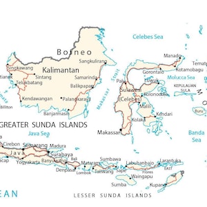 May include: A detailed political map of Indonesia featuring the islands of Sumatra, Borneo, Java, Sulawesi, and New Guinea. The map displays major cities, regional names, and surrounding bodies of water including the Indian and Pacific Oceans.