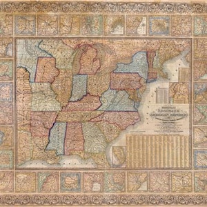 May include: An antique, sepia-toned map titled Mitchell's National Map of the American Republic, featuring coloured state borders, a central United States map, and a decorative border composed of smaller regional maps and intricate scrollwork patterns.