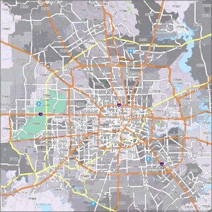May include: A detailed map of the Houston metropolitan area featuring a complex network of orange and yellow highways, light blue water bodies, green park spaces, and numerous white rectangular labels displaying five-digit zip codes.