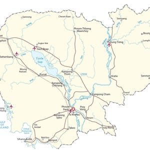 May include: A map of Cambodia featuring a light cream background with dark outlines of the national borders. The map displays major cities, towns, rivers, and the Tonle Sap lake, along with brown lines representing roads and red airplane icons.