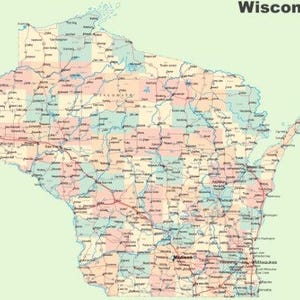 May include: A map of the state of Wisconsin featuring a pale green background with the state divided into counties colored in shades of light blue, pink, and cream. The map displays major roads, city names, and the text Wisconsin in the corner.