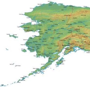 May include: A physical map of Alaska featuring topographical relief shading in shades of green, tan, and brown. The map displays various cities, towns, and geographical features with text labels, including Anchorage and Juneau, across the state.