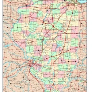 May include: A detailed map of the state of Illinois featuring county boundaries highlighted in shades of pink, yellow, and green. The map displays a dense network of red and black lines representing highways and roads, with Lake Michigan visible.