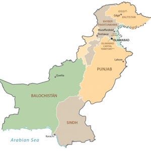 May include: A political map of Pakistan showing its provinces and territories in different colors. The map labels Balochistan, Sindh, Punjab, Khyber Pakhtunkhwa, and Gilgit-Baltistan, along with major cities like Islamabad, Lahore, Quetta, and Karachi.