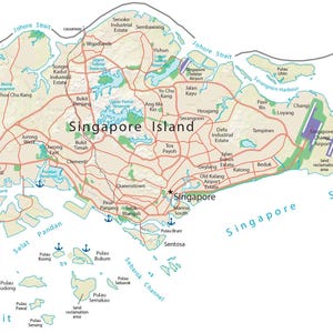 Peut inclure: Une carte détaillée de l'île de Singapour présentant les routes principales, les zones industrielles et les étendues d'eau environnantes comme le détroit de Johore et le détroit de Singapour. La carte inclut des noms de districts et d'îles.