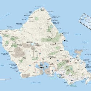 May include: A detailed topographical map of the island of O'ahu, Hawaii, featuring labeled geographical landmarks, parks, and coastal points. The map includes a small inset showing the Hawaiian island chain and a compass rose in the lower left corner.