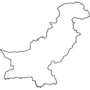 May include: A black and white line drawing depicting the geographical outline of Pakistan. The image features a single continuous black stroke forming the border of the country against a plain white background, showing the shape of the nation.