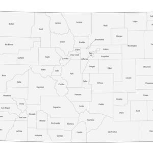 May include: A white map of the state of Colorado featuring thin gray outlines for each of the sixty-four counties. The name of every county is printed in a small, black, sans-serif font within its respective boundary on the map.