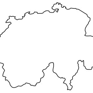 May include: A black and white line drawing depicting the geographical outline of Switzerland. The image features a single continuous black stroke that traces the borders of the country against a plain white background, showing the shape.