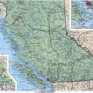 May include: A detailed physical map of British Columbia, Canada, featuring topographical green shading for land, blue for water bodies, and black lines for roads and borders. It includes inset maps of the Yukon and the Vancouver area.