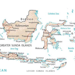 May include: A detailed political map of Indonesia featuring the islands of Sumatra, Borneo, Java, Sulawesi, and New Guinea. The map displays major cities, regional labels, and surrounding bodies of water including the Indian and Pacific Oceans.