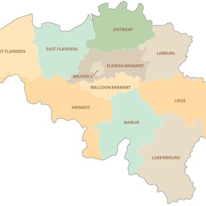 May include: A map of Belgium divided into provinces, each colored in shades of beige, green, and orange. The map includes labels for West Flanders, East Flanders, Antwerp, Limburg, Flemish Brabant, Brussels, Walloon Brabant, Hainaut, Namur, Liege, and Luxembourg.