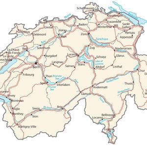 May include: A detailed map of Switzerland featuring a beige landmass, light blue bodies of water, and red lines representing major roads. The map displays various city names including Bern, Zurich, Geneva, and Basel, along with labeled rivers and lakes.