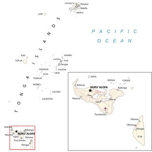 May include: A map of the Tonga Islands in the Pacific Ocean, featuring a large main map showing various island groups and a smaller inset map detailing the island of Tongatapu with Nuku'alofa marked by a star and an aeroplane icon for the airport.