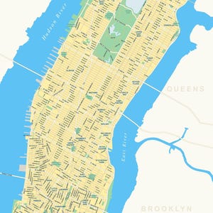 May include: A detailed map of Manhattan, New York City, featuring a yellow grid of streets and blocks, green parks, and blue waterways including the Hudson and East Rivers. The map labels neighborhoods like Midtown, Soho, and Tribeca in black text.