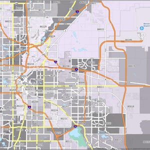 May include: A detailed map of the Denver metropolitan area featuring a grid of five-digit zip codes overlaid on a network of orange highways and yellow secondary roads, with shaded gray regions and a blue icon marking Denver International Airport.