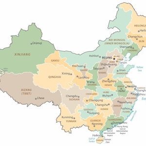 May include: A political map of China featuring provinces and autonomous regions in shades of green, tan, and peach. The map displays major cities, provincial capitals, and bodies of water like the Yellow Sea and East China Sea with clear text labels.