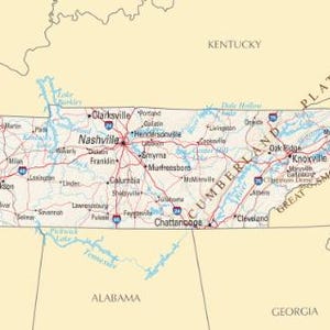 May include: A detailed map of the state of Tennessee, featuring major cities like Nashville, Memphis, Knoxville, and Chattanooga. The map displays interstate highways, rivers, lakes, and the Cumberland Plateau and Great Smoky Mountains regions.