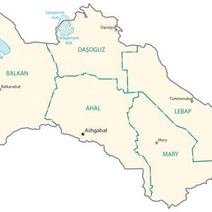 May include: A political map of Turkmenistan featuring a light beige landmass divided into five regions: Balkan, Daşoguz, Ahal, Lebap, and Mary. The map includes the Caspian Sea, Sarygamysh Lake, and labels for major cities including Ashgabat.