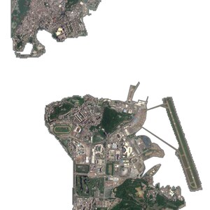 May include: An aerial satellite view of two distinct landmasses. The top section shows a dense urban peninsula with harbour areas. The bottom section displays a larger landmass featuring a long runway, green forested hills, and urban infrastructure.