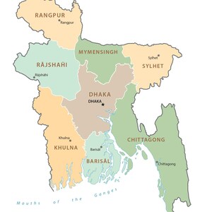 May include: A political map of Bangladesh divided into eight administrative divisions: Rangpur, Rajshahi, Mymensingh, Sylhet, Dhaka, Khulna, Barisal, and Chittagong. Each division is color-coded in shades of tan, green, and brown with city labels.