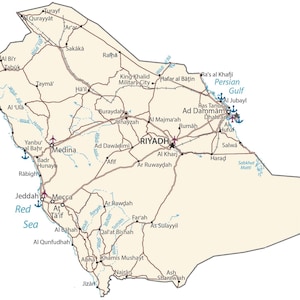 May include: A beige map of Saudi Arabia featuring brown lines for roads, blue lines for waterways, and black text for city names including Riyadh, Jeddah, and Medina. The map displays icons for airports and seaports along the coastlines.