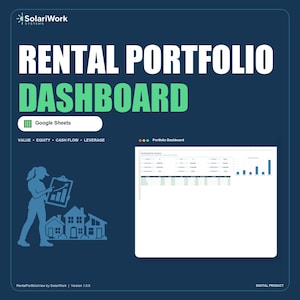 Può includere: Una dashboard digitale per portafogli immobiliari per Google Sheets di SolariWork Systems. La grafica blu scuro presenta testo bianco e verde, la sagoma di una persona con un blocco appunti con un grafico in crescita, icone di case e un'anteprima.