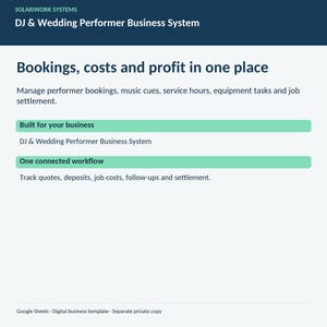 May include: A digital business template for Google Sheets titled Solariwork Systems DJ & Wedding Performer Business System. The interface displays text for managing bookings, costs, and profits, including sections for built for your business and one connected workflow.
