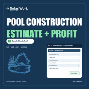 Puede incluir: Una herramienta digital de Google Sheets para estimaciones de construcción de piscinas y análisis de beneficios de SolariWork Systems. La interfaz incluye un Scope + Bid Analyzer con campos para coste total, precio objetivo y margen.