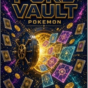 Puede incluir: Una portada de libro titulada 2026 EDUCATIONAL PROGRAM POKE VAULT POKEMON por Oreste Paul. El diseño muestra una puerta de bóveda azul oscuro que se abre a una luz dorada, rodeada de cartas coleccionables flotantes y monedas de oro.