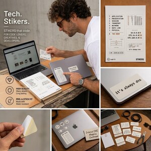 May include: A collection of white rectangular stickers featuring black technical text and diagrams related to computer networking and the OSI model. The stickers include phrases like 'it's always dns' and 'Internal DNS Confirmed' and are shown applied to a laptop and notebook.