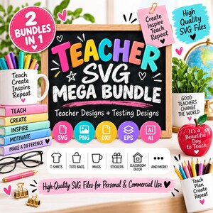 Könnte beinhalten: Ein digitales Design-Paket mit einer Tafel mit der Aufschrift Teacher SVG Mega Bundle, umgeben von bunten Stiften, einer weißen Tasse mit Text, einem Bücherstapel, einem roten apfelförmigen Behälter und Symbolen für SVG, PNG, DXF, EPS und AI-Dateiformate.