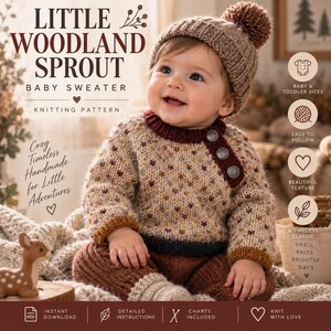 May include: A knitting pattern for a Little Woodland Sprout baby sweater. The image features a child wearing a beige sweater with a multi-colored speckled pattern, a dark brown ribbed collar, cuffs, and hem, and three silver buttons on the shoulder.