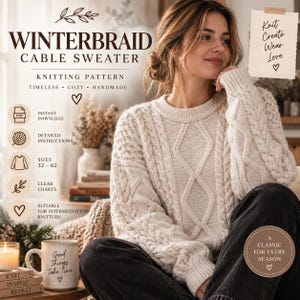 Peut inclure: Un pull en tricot torsadé de couleur crème avec un col rond et des manches longues. L'image contient le texte : WINTERBRAID CABLE SWEATER, KNITTING PATTERN, INSTANT DOWNLOAD, DETAILED INSTRUCTIONS, SIZES 32-62, CLEAR CHARTS, SUITABLE FOR INTERMEDIATE KNITTERS.