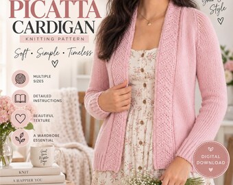 Picatta Cardigan Knitting Pattern, Raglan Sweater, Textured Front Bands (PDF Download)