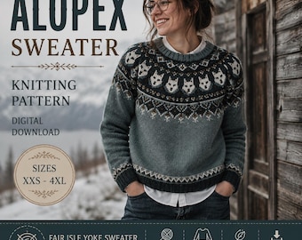 May include: A grey long-sleeve sweater featuring a circular yoke with a repeating fox motif in black, white, and brown. The text reads ALOPEX SWEATER KNITTING PATTERN DIGITAL DOWNLOAD SIZES XXS - 4XL FAIR ISLE YOKE SWEATER WITH FOX MOTIF.
