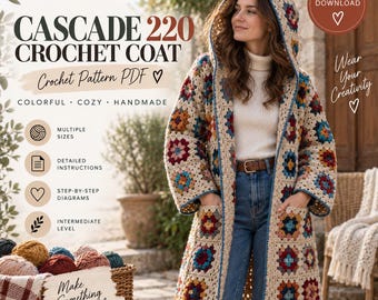 Cascade 220 Crochet Coat Pattern, Granny Square Hooded Jacket (PDF)